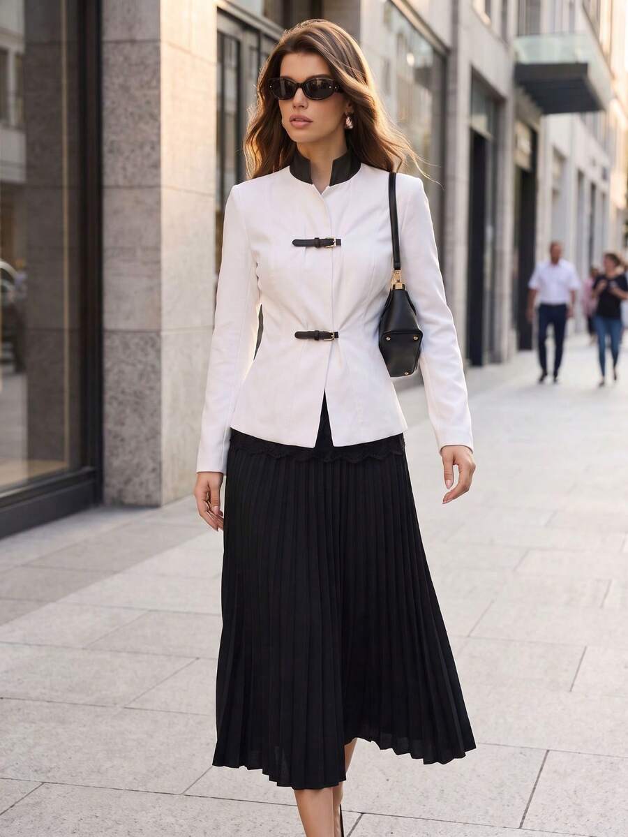 Women's Blazer Dress, Black Contrast Collar, Button Decor, Long Sleeve, Non-Stretch, Suitable For Office Formal Business Occasions - White - View 1