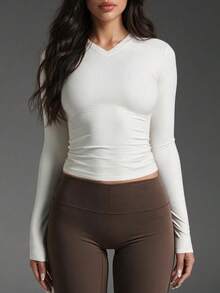 Women's White Long Sleeve Knit Top V-Neck Regular Fit Basic Casual Fabric - White - View 1