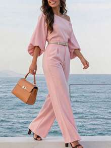 Women's Elegant Pink 2 Pieces Set Asymmetrical Top And Suit Pants Outfit, Suitable For Autumn/Winter, Back To School, Thanksgiving, Halloween, Daily Wear, Vacation, Office - Pink - View 2
