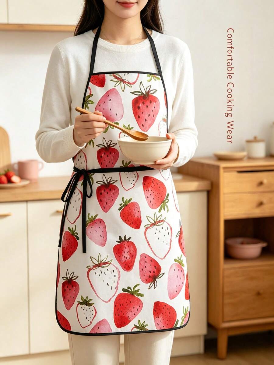 Women's Strawberry Pattern Kitchen Apron, Adjustable Halter Tie Apron, Suitable For Cooking And Baking - Red - View 1