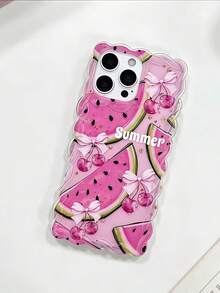 1pc Pink Watermelon Cherry Bow Pattern Wavy Transparent Edge Shockproof Phone Case With Lanyard Chain, 2D Flat Design, Compatible With IPhone 11 12 13 14 15 16 17 18 Pro Max Air Plus, Anti-Shock Transparent Back Cover - Clear - View 5