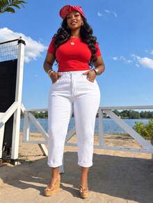 Plus Size White Denim Ankle Straight Leg Pants, Elastic Waist Design, Non-Stretch, Zipper Detail, Suitable For Daily Wear - White - View 3