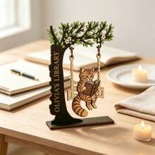 1pc Wooden Cat Swinging On Swing Reading Book Figurine, Personalized Carved Tree-Shaped Desktop Decor, Cute Animal Design Book Lover Commemorative Gift, Suitable For Home Library Reading Corner Decoration, Christmas, 2026 Christmas Decoration - Multiple Styles - View 4