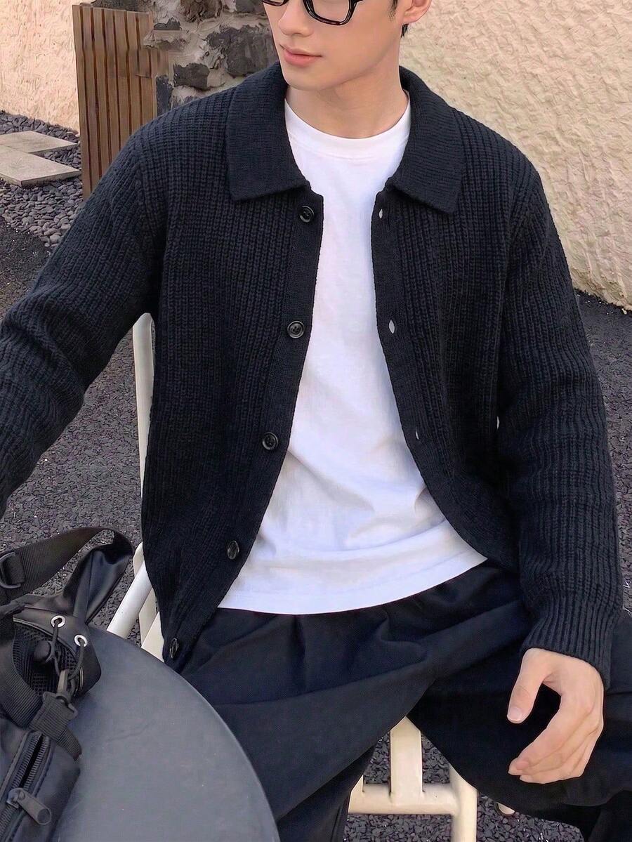 Teen Boys Solid Color Knit Cardigan, Single-Breasted Loose Fit Long Sleeve Versatile Sweater, Autumn/Winter - Black - View 1