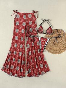 Elegant Women's Spring/Summer Halter Neck Red Printed High Elastic Fabric Sexy Casual Beach Pool Bikini Set, Suitable For Christmas - Multicolor - View 3