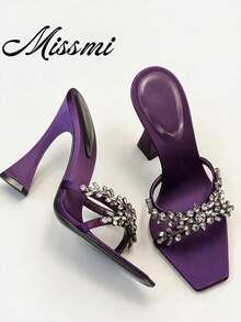 2025 New Satin Horseshoe Heel Rhinestone Strap Slide Sandals, Sexy Mule Slip-On Sandals For Summer - Purple - View 2