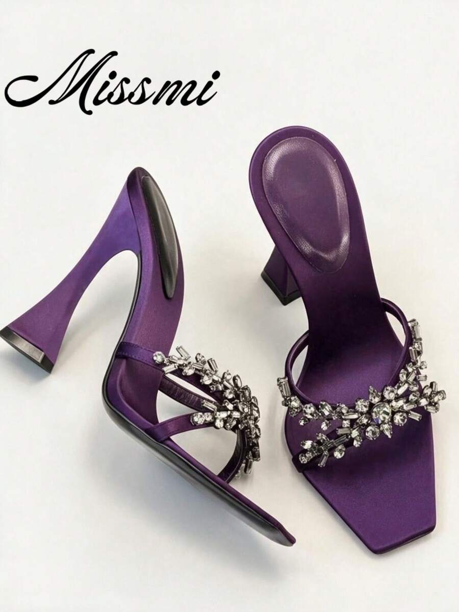 2025 New Satin Horseshoe Heel Rhinestone Strap Slide Sandals, Sexy Mule Slip-On Sandals For Summer
