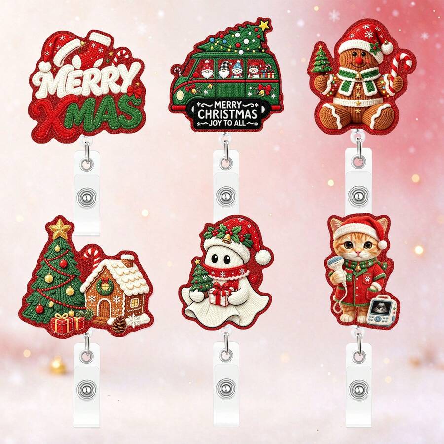 1pc Christmas Cat Shaped Badge Holder, Includes Gingerbread Man, Santa Claus And Christmas Tree Patterns, Retractable Card Holder With Clip, Suitable For ID Badge, Doctor ID, Nurse ID, Teacher Name Tag And More
