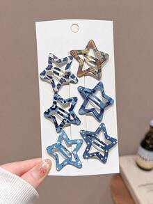 6pcs Girls Blue Leopard Print Star Forehead Side Bangs Hair Clips, Suitable For Daily Styling - Multicolor - View 3
