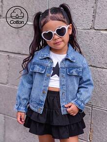 1pc Girls Casual Minimalist Comfortable Lotus Sleeve Denim Jacket - Medium Wash - View 1