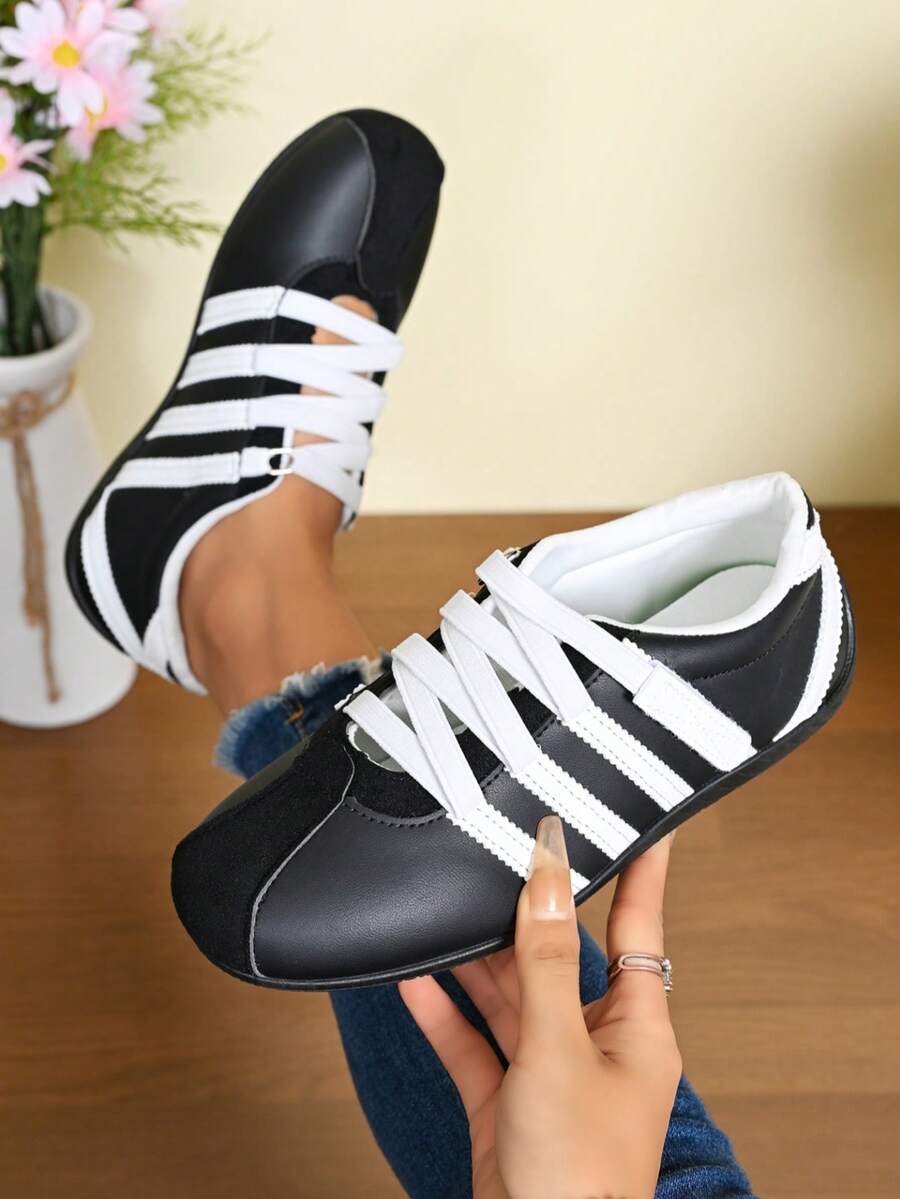 Women's Striped Colorblock Hook & Loop Casual Sports Shoes, Round Toe, Breathable, College Style, Versatile, All-Season - Black - View 1