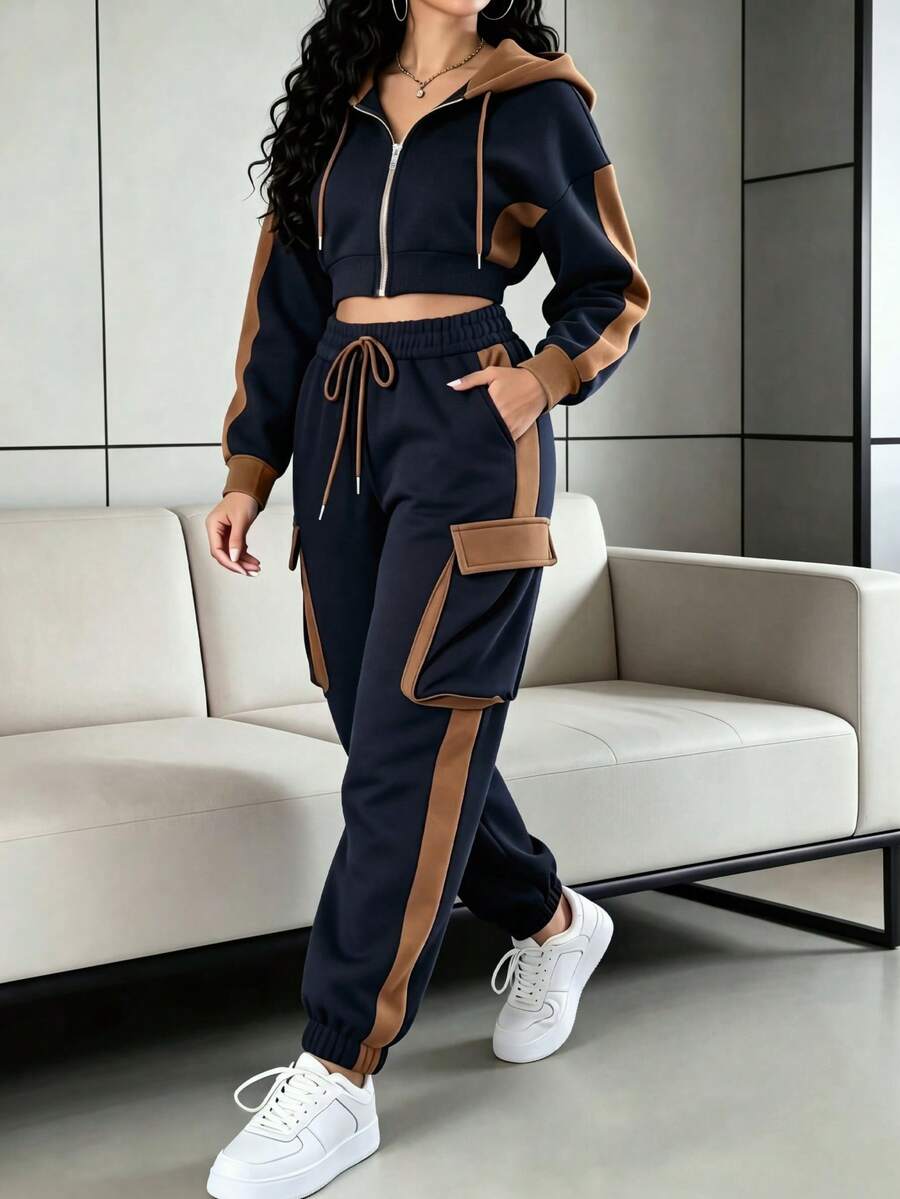 Spring Autumn Winter Thermal Lined Thickened New Sporty Style Women's 2 Pieces Set, Fashion Colorblock Patchwork Short Hooded Jacket And Cargo Sweatpants - Navy - View 1