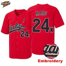 Men's Mars <24K Magic> Hip-Hop Embroidered Baseball Jersey, Vintage Street Style Concert Support Item - Red - View 2