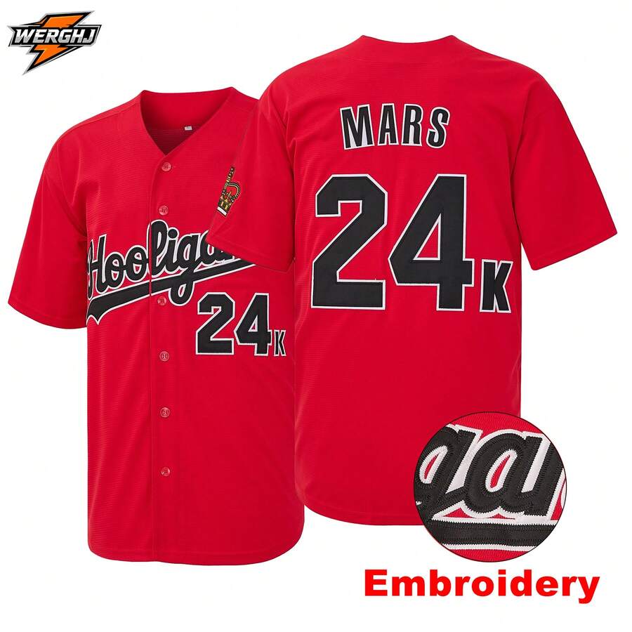 Men's Mars <24K Magic> Hip-Hop Embroidered Baseball Jersey, Vintage Street Style Concert Support Item