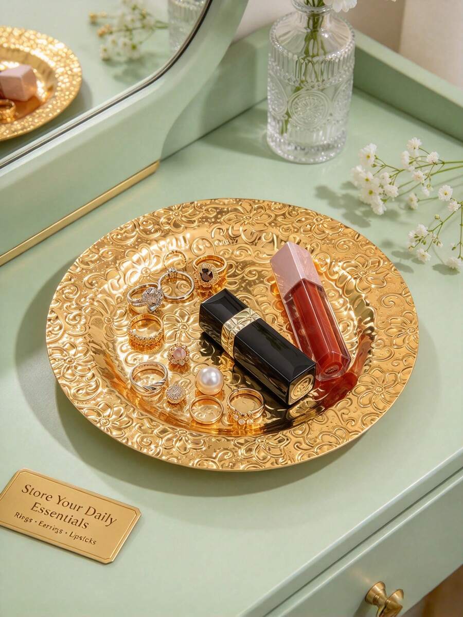 1pc Retro Luxury Gold Embossed Circular Jewelry Tray, Floral Decoration Small Tray, Dressing Table Lipstick Ring Earring Necklace Storage Tray, Desktop Home Decoration Ornaments - Floral Pattern Tray - View 1