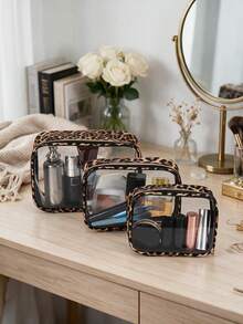 3pcs Leopard Print PU Makeup Bag Set, Transparent Design Toiletry Bag 3 Pieces Set, One Set Meets All Needs, Designed For Daily Use And Carrying - Multicolor - View 2