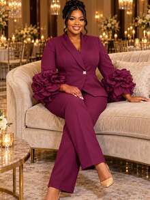 Plus Size Burgundy Two Pieces Pants Suit Long Sleeve Shawl Collar Peplum Blazer With Ruffle Flare Cuff Elegant Formal Church Business Fall Outfit - Burgundy - View 3
