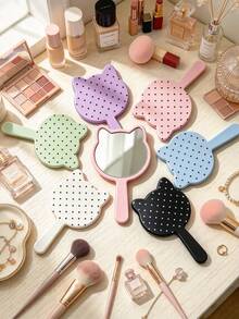 Cute Cat Polka Dot Pattern Hand-Held Mirror, With Moisture-Proof Mirror Surface, Suitable For Bathrooms. Lightweight, Portable And Easy To Use. Ideal For Christmas/ Wedding Season/ Valentine's Day. - Multicolor - View 1