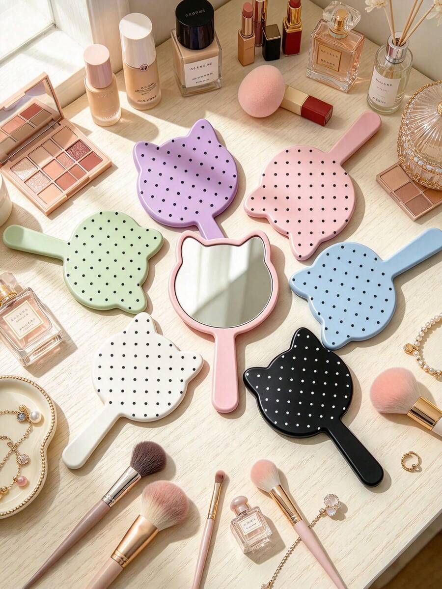 Cute Cat Polka Dot Pattern Hand-Held Mirror, With Moisture-Proof Mirror Surface, Suitable For Bathrooms. Lightweight, Portable And Easy To Use. Ideal For Christmas/ Wedding Season/ Valentine's Day. - Multicolor - View 1