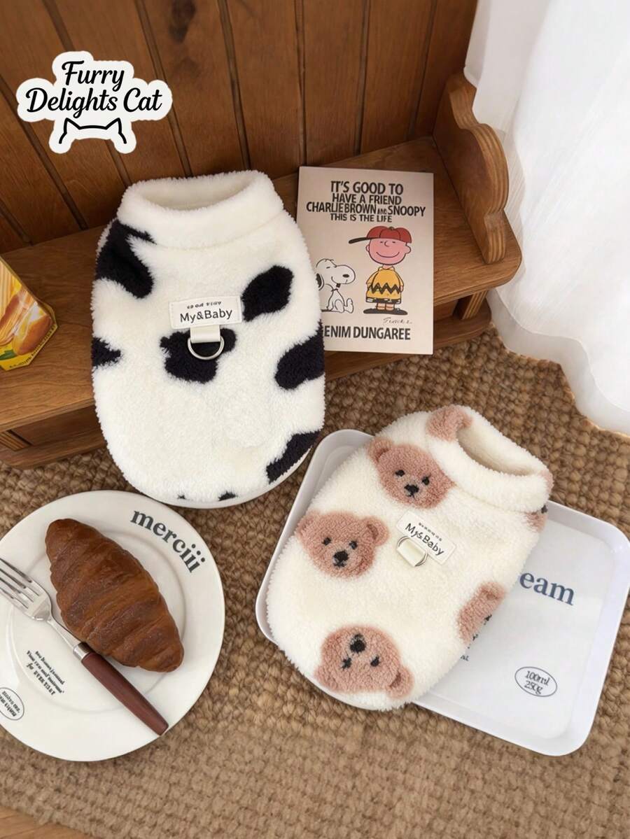 Cute Bear & Cow Print Pet Clothes - Soft Fluffy Fleece Dog Sweater, Warm & Comfortable Cat Vest, Suitable For Small & Medium Dogs And Cats, Fashionable Pet Apparel, Perfect For Daily Wear, Cold Weather, Photography