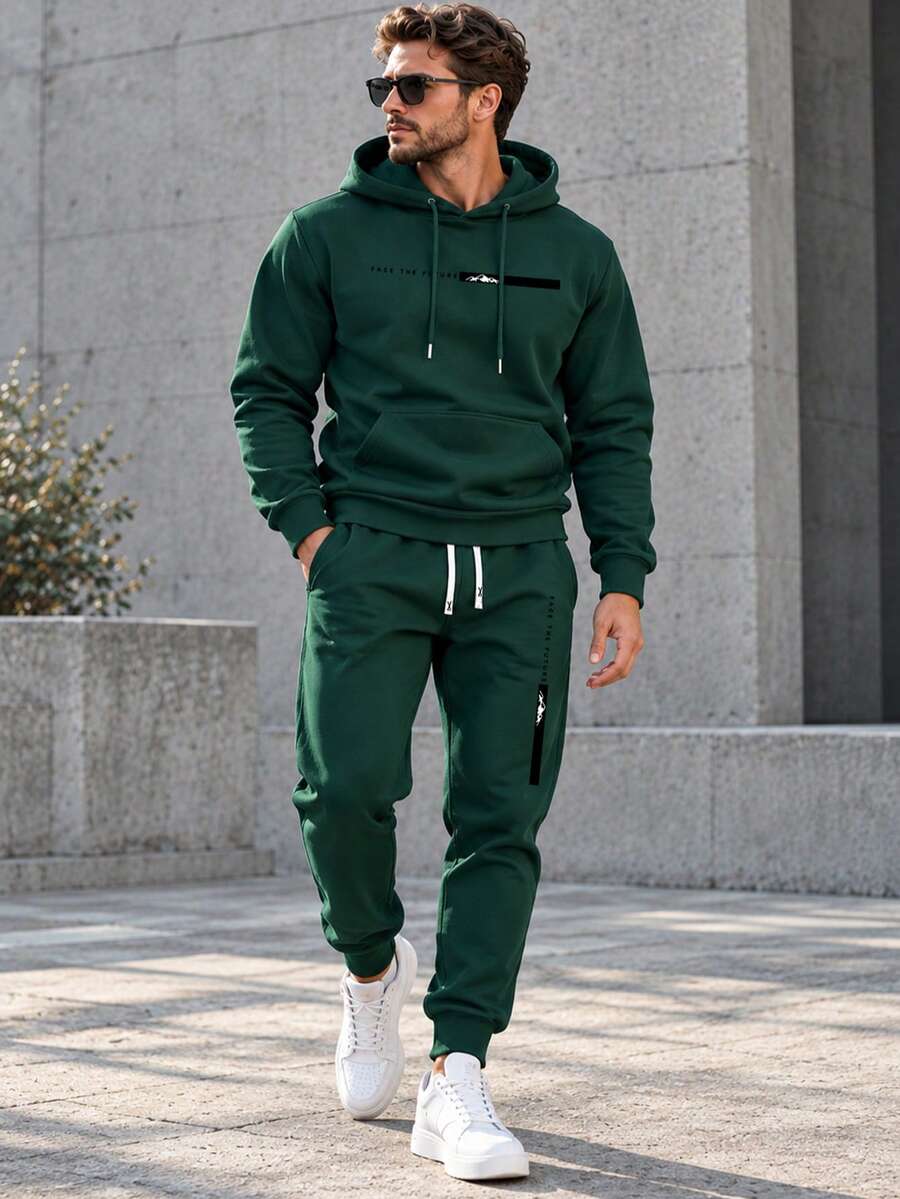 男士春秋薄款個性化未來感字母印花聖誕樹圖案連帽衛衣與運動長褲套裝,時尚休閒男裝口袋運動彈性腰抽繩長褲2件套,適合送給丈夫、男友的禮物 - 墨綠色 - 查看 1