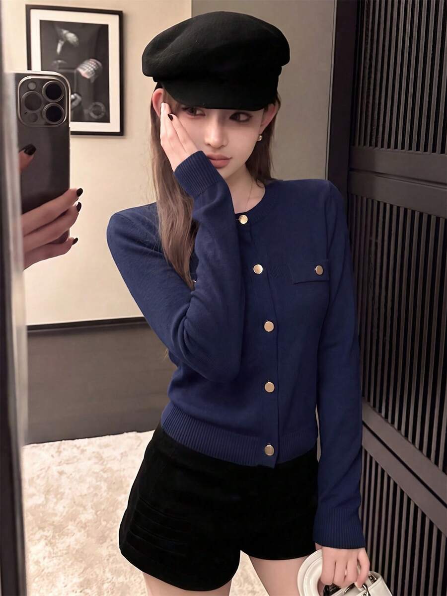 秋冬新款韓式甜美休閒女款針織開襟外套,溫柔風金屬鈕扣圓領前開式修身顯腰長袖夾克上衣,百搭日常通勤 - 藏青色 - 查看 1