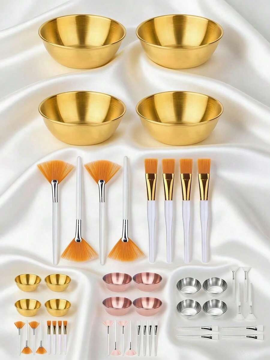 2/3/6/12/18件套美容师用品，面部护理SPA套装 - 包括搅拌碗、扇形刷、平头面膜化妆工具，便携式旅行面部护理套装，金色、银色、玫瑰金可选