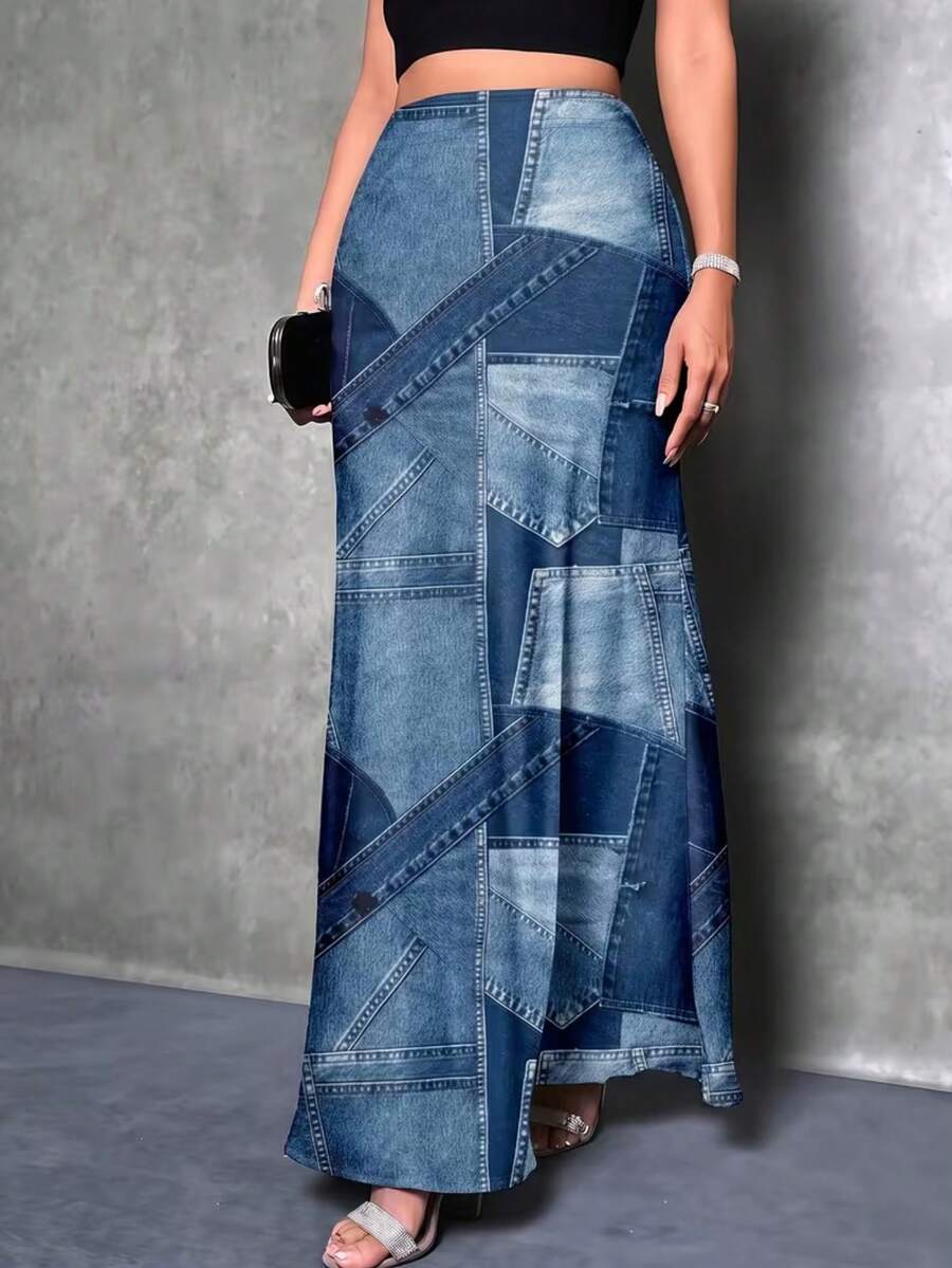 Plus Size Denim Print Skirt, Patchwork Contrast Color Asymmetrical Patchwork Mermaid Long Skirt, Casual Streetwear - Blue - View 1