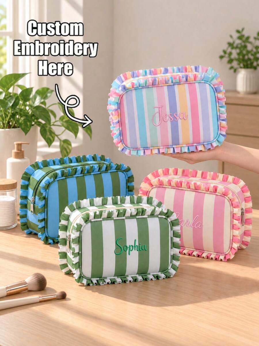 Custom Embroidered Striped Ruffle Trim Makeup Bag, Large Capacity Cosmetic Bag, Travel Makeup Organizer For Girl, Perfect Personalized Gift - Multicolor - View 1