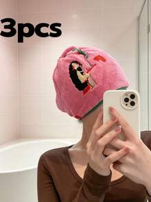 1/2/3pcs Topi Pengering Rambut Bordir Tebal | 25*65cm Bulu Karang Cepat Kering Menyerap | Topi Mandi Multifungsi untuk Rumah, Hotel, dan Perjalanan - berwarna merah muda - View 11