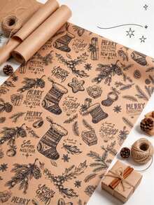 1 Roll, 43*300cm (16.93*118.11in), Christmas Sock Pinecone Pattern Wrapping Paper, Retro Kraft Paper, Cute Cartoon Christmas Element Patterns... Christmas Style Printed Gift Wrapping Paper, Festival Gift Wrapping Paper - Multi-color - View 1