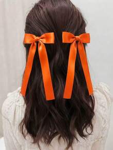 4pcs/1pc Orange Bow Hair Clips For Women, Satin Plaid Long Ribbon Bow Hair Accessories, Suitable For Autumn Halloween Party, Daily Styling - Orange - View 2