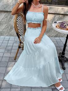 Vellofy Women's Autumn/Winter Blue Ruffle Camisole Top + Layered Long Skirt Two Pieces Set, Elastic Waist Outfit, Suitable For Home Leisure, Daily Dating And Parties - Baby Blue - View 8