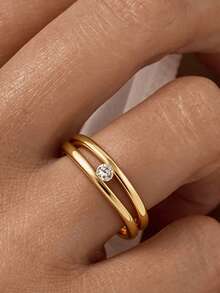 1pc 18K Gold Plated Luxury Round Gemstone Ring, Double Band Design, Minimalist Thin Hoop Ring, Exquisite Holiday Party Gift For Women - Yellow Gold - View 8