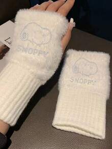 1/2/4 Pairs Women's SNOOPY Cartoon White Rhinestone Embellished Gloves, Minimalist 3D Decor, Warm & Comfortable - Multicolor - View 11