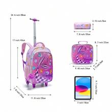 Bộ 3 túi du lịch có bánh xe cho trẻ em, ba lô học sinh thiết kế hai mặt màu hồng hoạt hình nàng tiên cá đính kim sa, kèm túi xách và túi đựng bút - Hồng - Xem 4