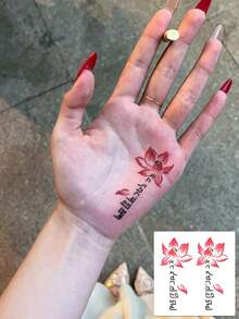 1 Sheet Red Lotus Script Temporary Tattoo Stickers, Aesthetic Floral Vintage Text Fake Tattoos For Palm Hand Wrist, Waterproof Body Art Decals For Women Spiritual Daily Decor - Multicolor - View 1
