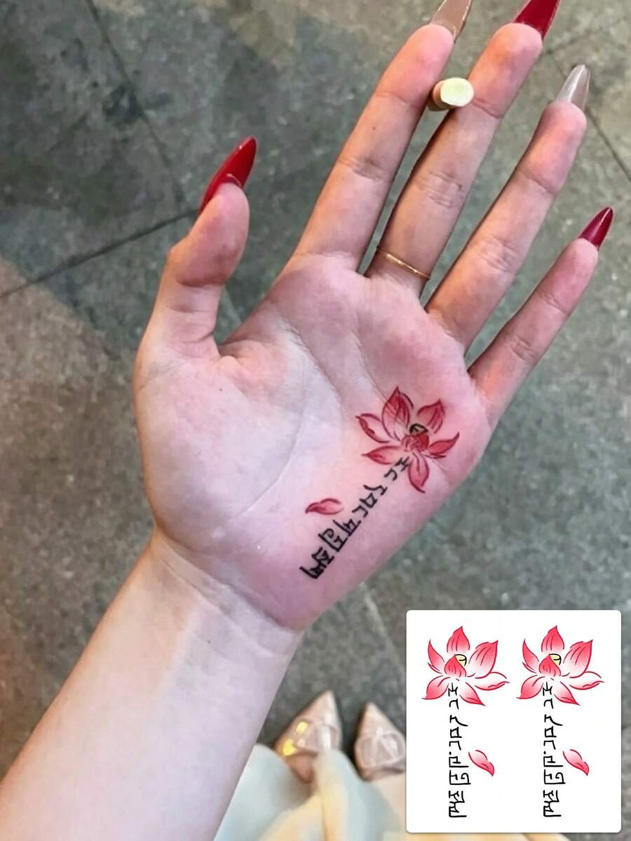 1 Sheet Red Lotus Script Temporary Tattoo Stickers, Aesthetic Floral Vintage Text Fake Tattoos For Palm Hand Wrist, Waterproof Body Art Decals For Women Spiritual Daily Decor - Multicolor - View 1