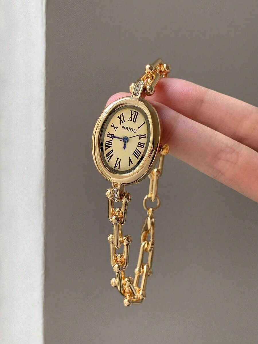 Women's Gold Oval Quartz Watch, Delicate And Compact, Suitable For Daily Wear, Birthday And Graduation Gift, Casual Gatherings - Gold - View 1