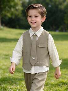 Young Boys 2pcs Set Exquisite Young Boy Formal Wear Vest + Shorts Suit Set Gentleman Outfit Spring Summer Autumn - Khaki - View 2