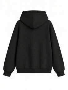 Plus Size Thermal Lined Loose Fit Versatile Retro Streetwear Long Sleeve Hooded Sweatshirt, INS Style Sport Sweatshirt, Machine Washable Pullover Top - Black - View 5