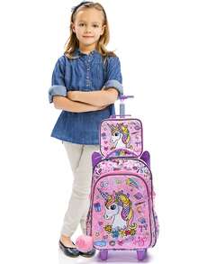 3PCS Kids Wheeled Travel Bag, Double-Sided Pink Cartoon Unicorn Sequins Design Bookbag For Students, With Handbag And Pen Bag, Nighttime Reflective. - Pink - View 9