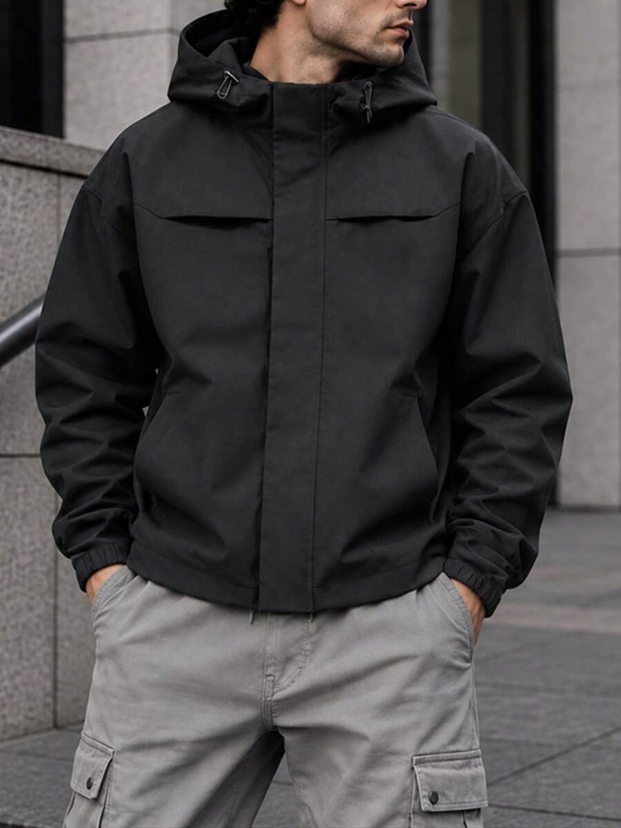 男士純色極簡連帽夾克，隱藏式門襟設計，抽繩帽兜，休閒外套，適合日常穿著與街頭風格，秋冬款 - 黑色 - 查看 1