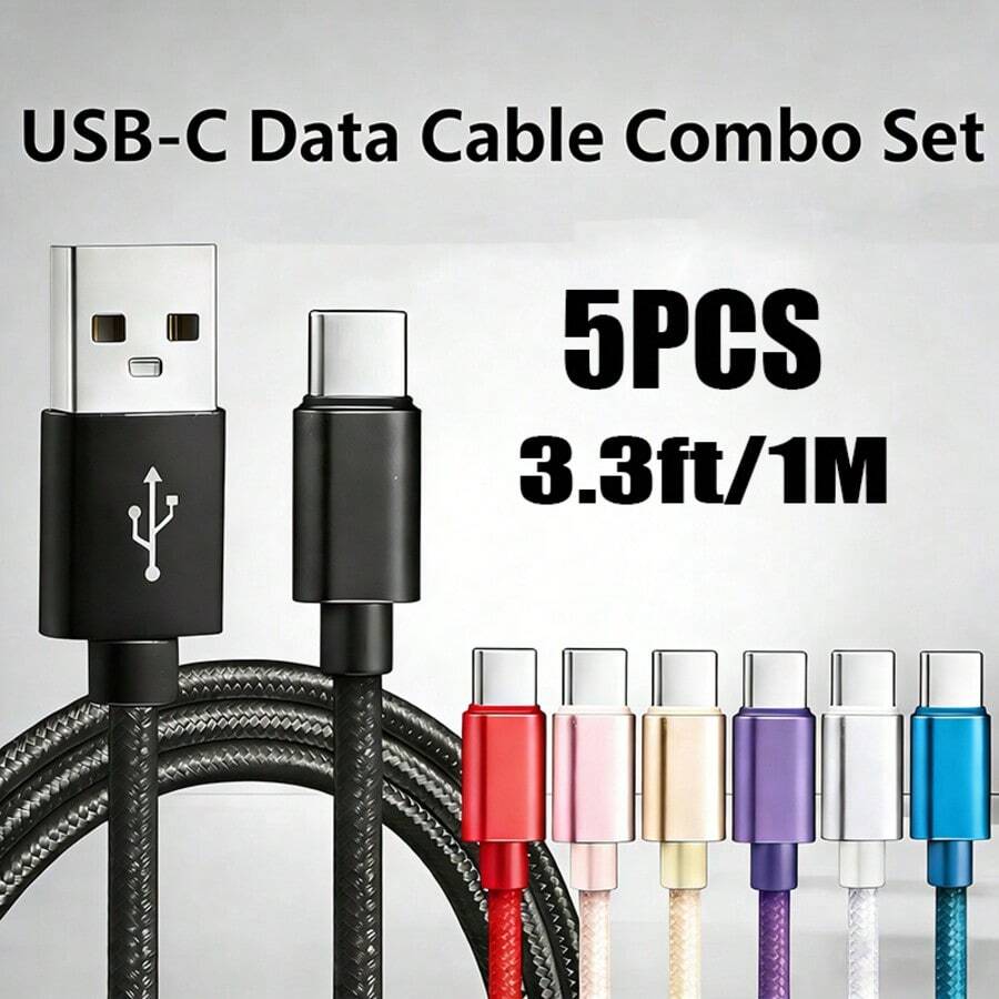 5pcs USB-C Nylon Braided Fast Charging Data Cable, Multiple Specifications Available, Compatible With Apple, Pixel And Android Devices