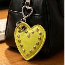 JRESSIAL Y2K Punk Rivet Black Faux Leather Heart Keychain Gothic Heart Shaped Clasp Bag Charm Cool Street Style Backpack Pendant Gift For Girl - Yellow - View 3