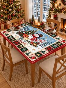 1pc Snowman Christmas Table Cover, Elastic Fitted Tablecloth, Let It Snow Snowman Winter Village Tree Gift Snowflake Print Stretch Spandex Dining Table Cover For Xmas Holiday Party Kitchen Farmhouse Home Decor - Multicolor - View 9