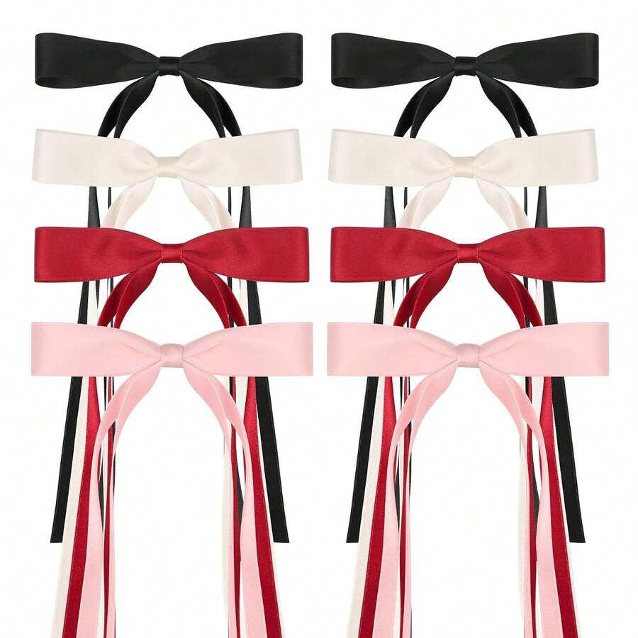 8 PCS Silky Satin Hair Bows With Tassel For Women Grils, Tassel Ribbon Bowknot Hair Clips For Ponytail Holder. Barrettes Hair Clips Bow - Multicolor - View 1