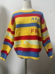 1pc Women's Loose Rainbow Striped Pullover Sweater, Autumn/Winter Long Sleeve Knit Top - Yellow - View 5