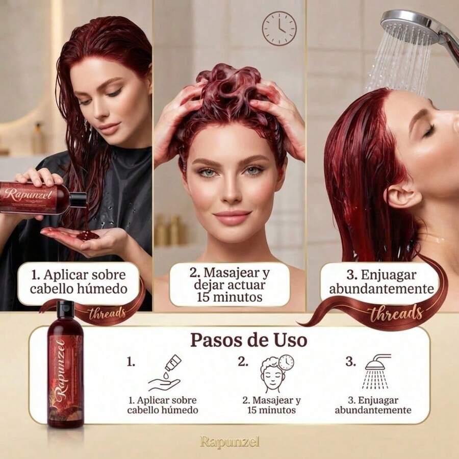 Rapunzel shampo Capilar Tono Rojizo Intenso. Tratamiento de Coloración en 3 Pasos Fáciles. Consigue un Cabello Radiante y Saludable con Efecto Acondicionador.