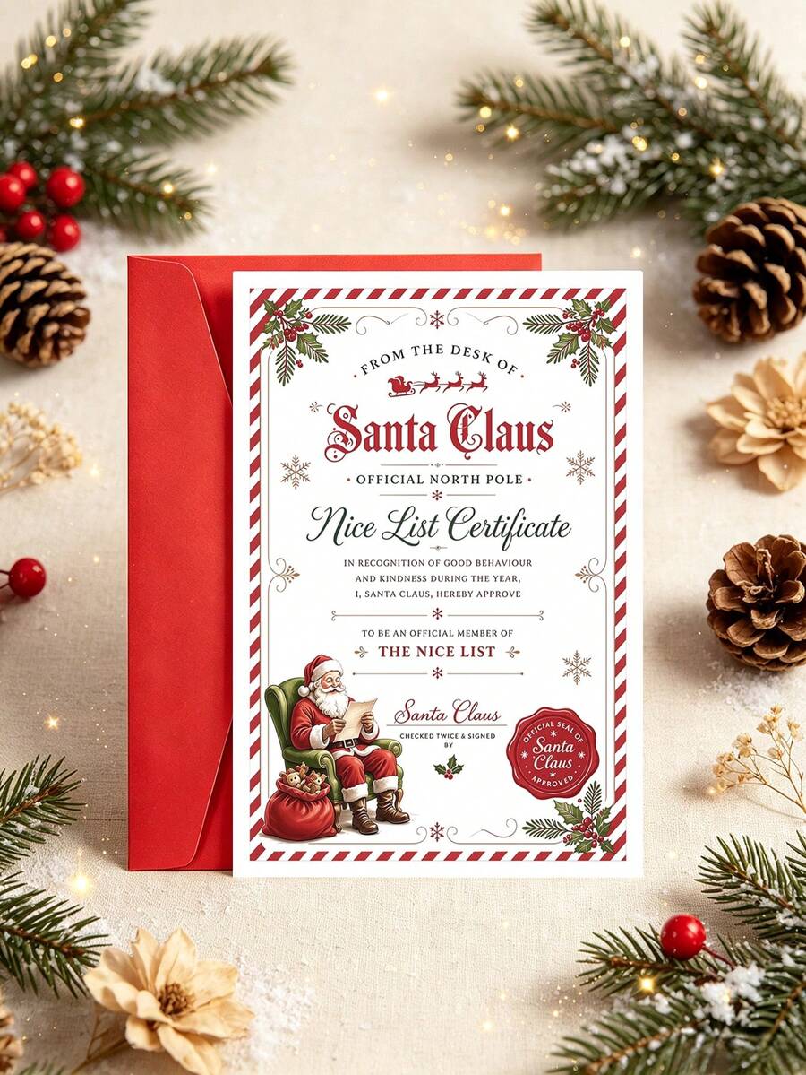 1pc Exquisite Christmas Greeting Card With Envelope, Christmas Good Behaviour Certificate, Vintage Santa Sitting On Armchair Reading Art, Holiday Keepsake For Family & Friends, Blank Inside - A - View 1